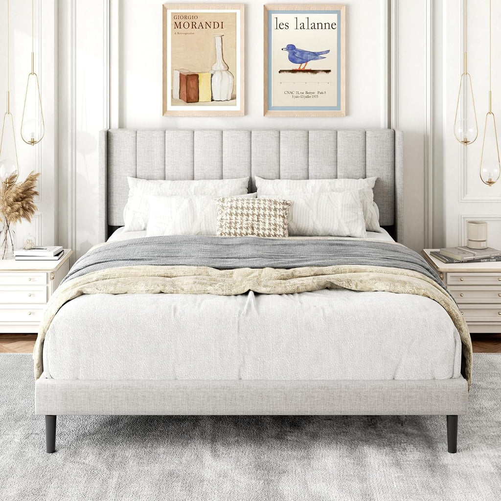 Sand Wingback Queen Upholstered Bed Frame