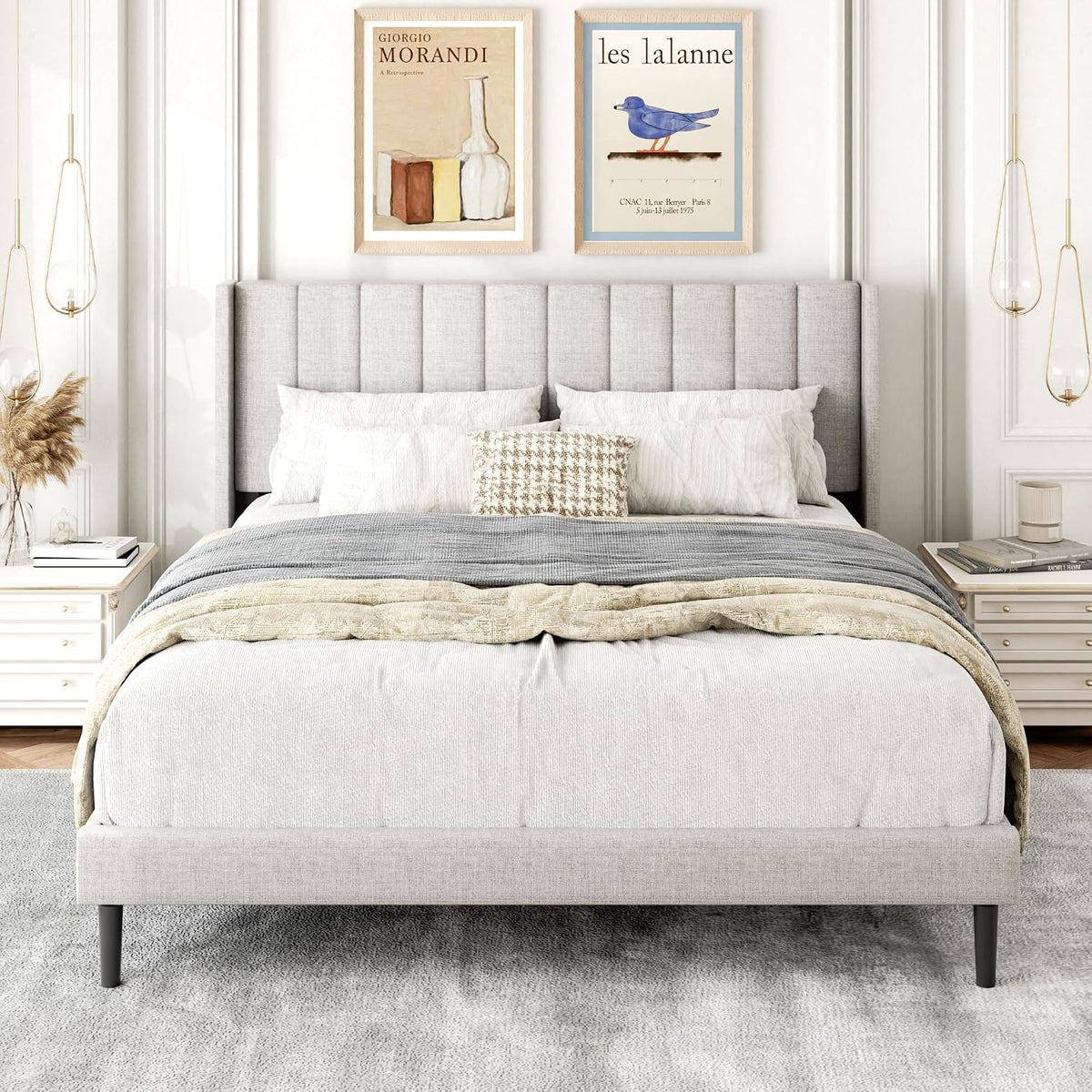 Sand Wingback Queen Upholstered Bed Frame