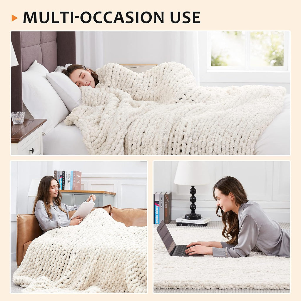 Ivory Handmade Chunky Chenille Throw Blanket