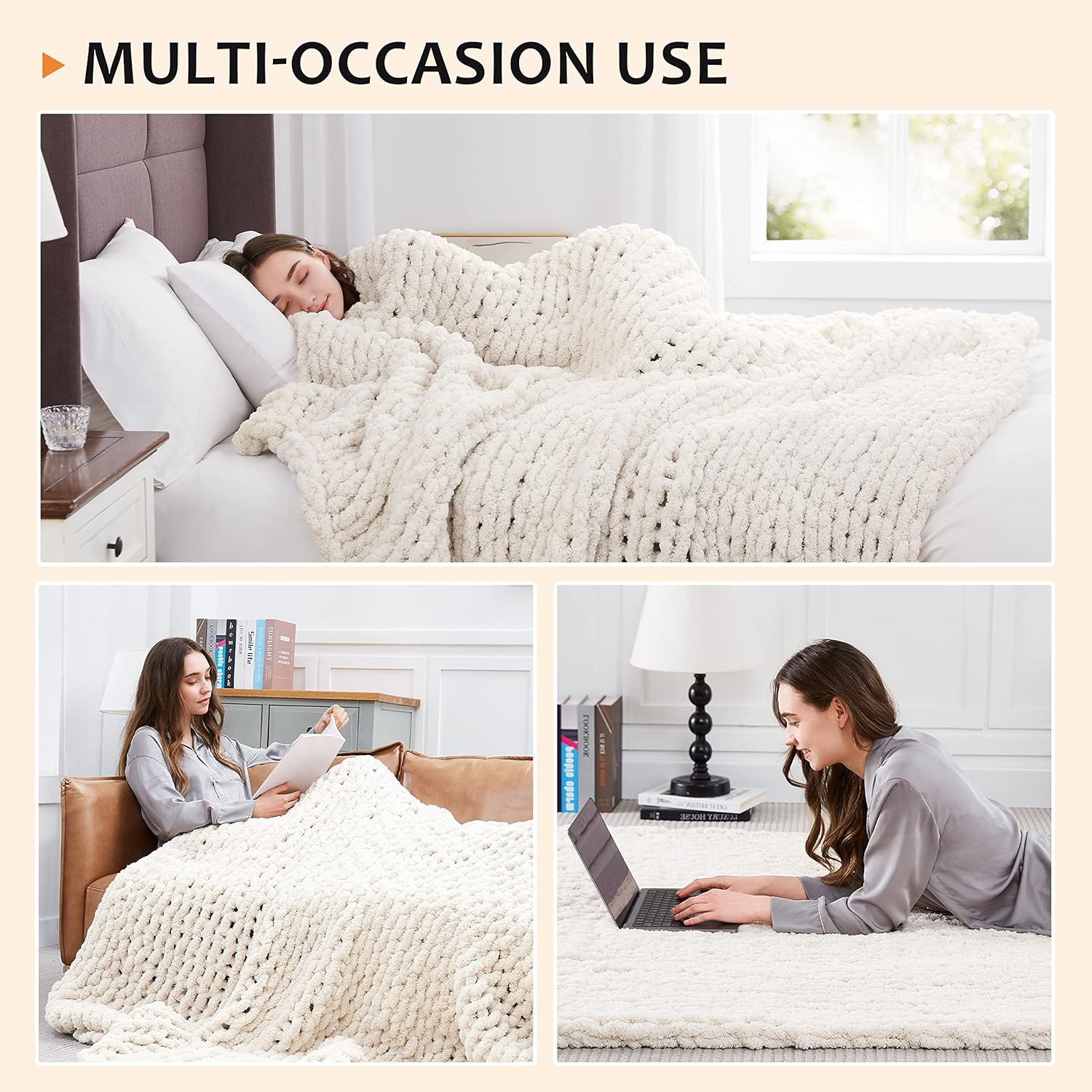Ivory Handmade Chunky Chenille Throw Blanket