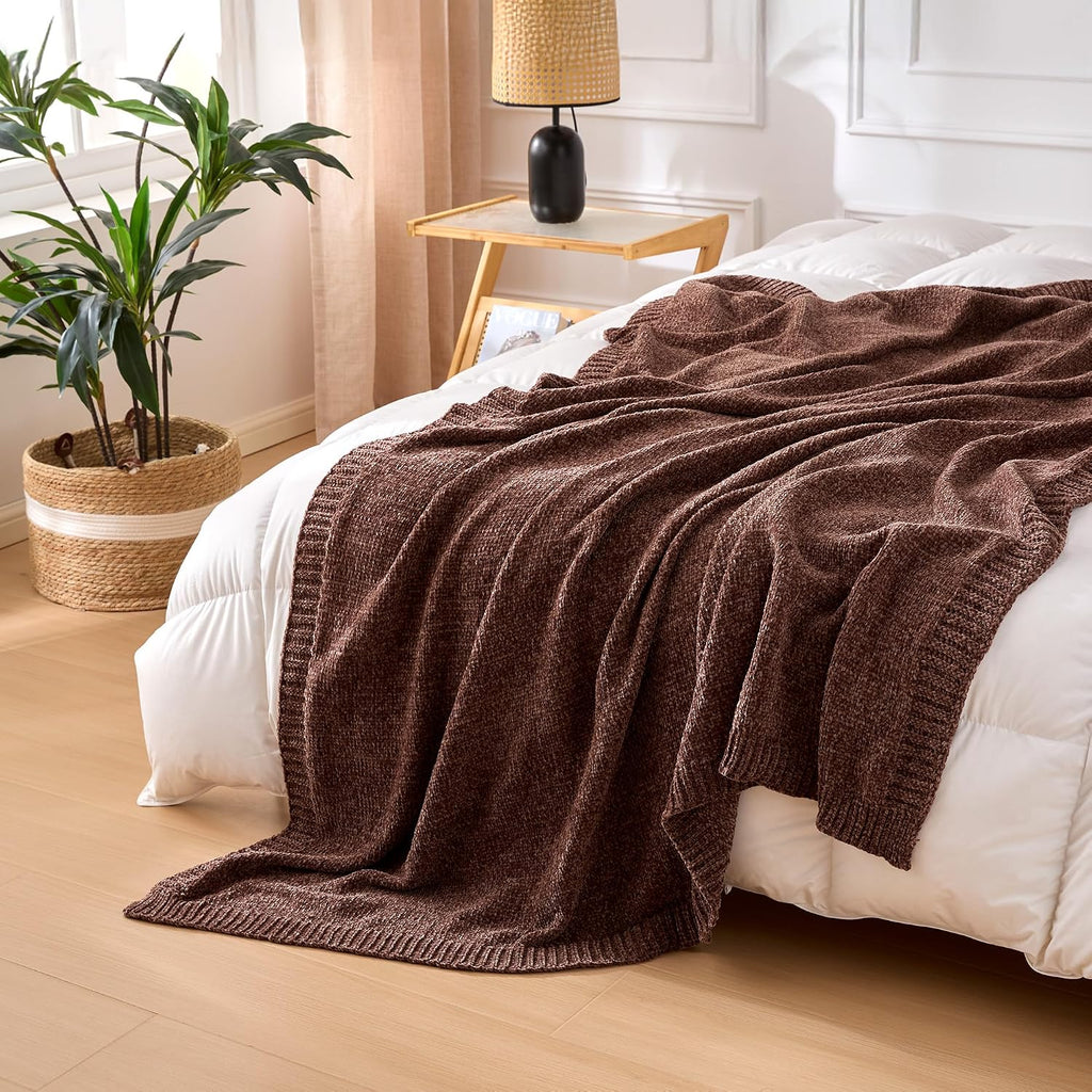 Brown Chunky Chenille Knit Throw Blanket