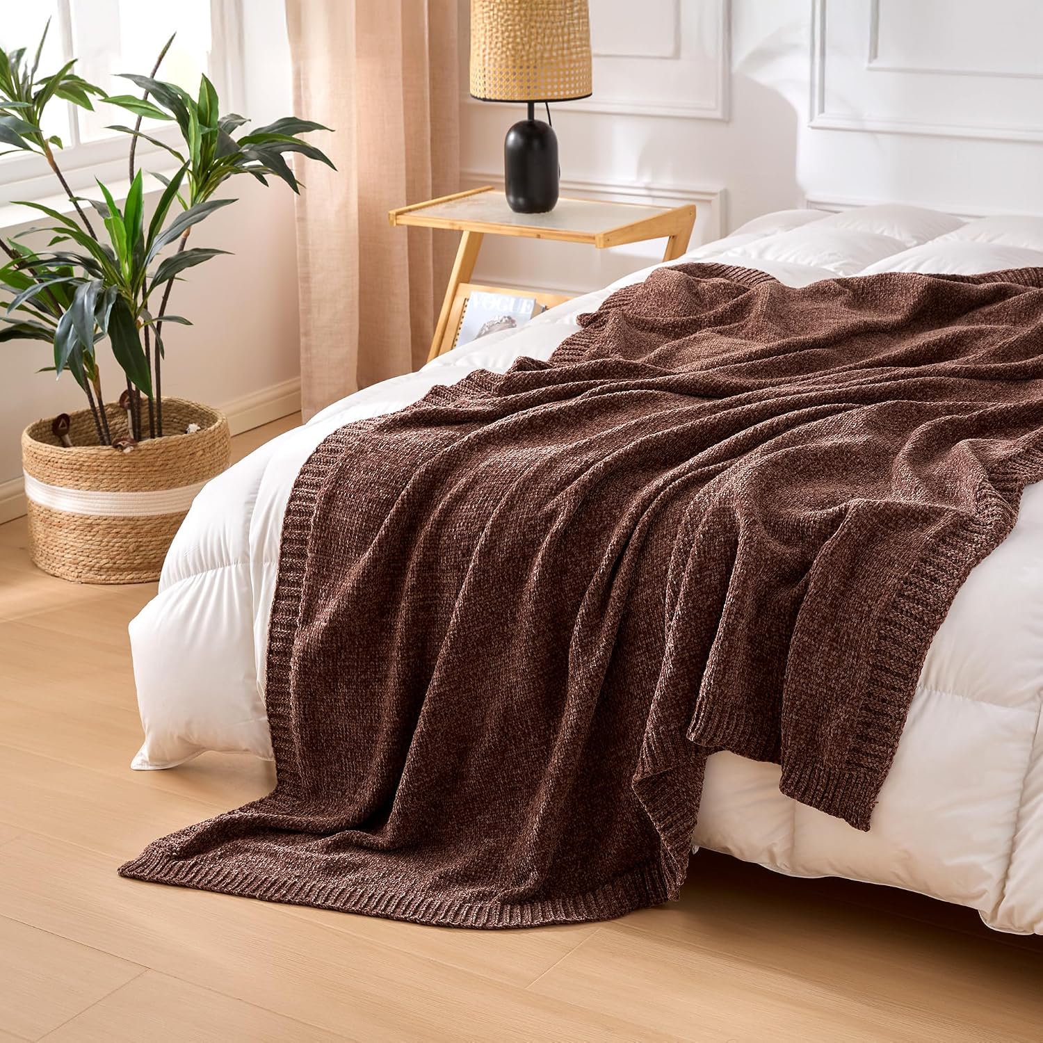 Brown Chunky Chenille Knit Throw Blanket