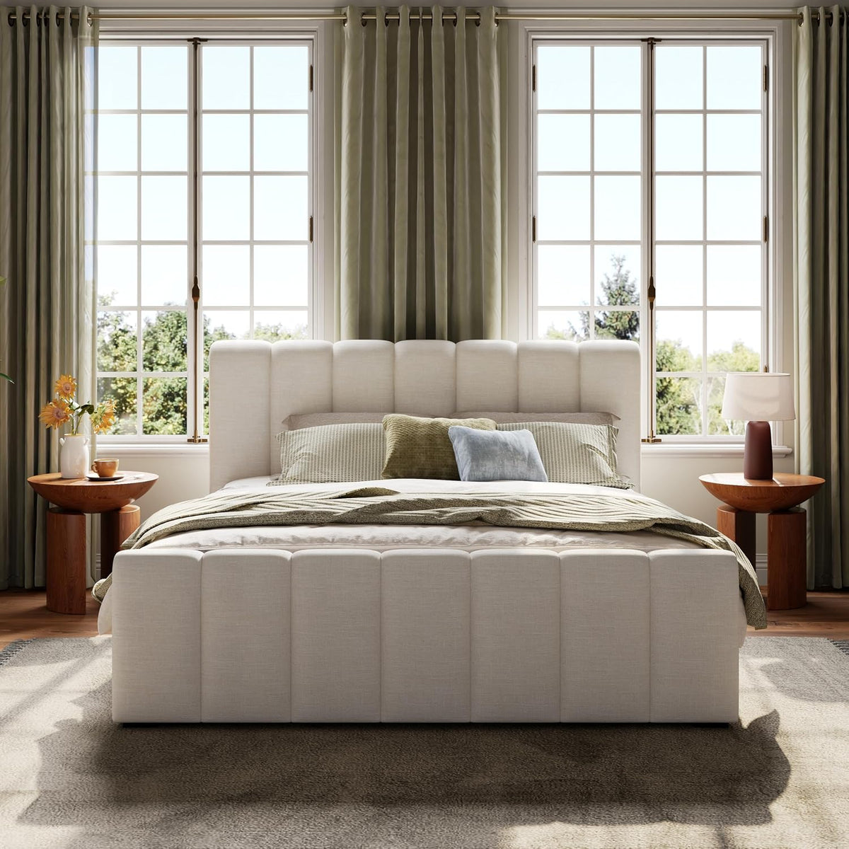 Beige Linen Queen Upholstered Bed Frame